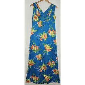 Vintage Paradise Hawaii Long Maxi Hawaiian Dress 1960’s 70s Blue Floral Sz 14